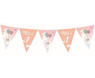 Birthday banner for one year with bunny, pink, 11 flag, 326 cm