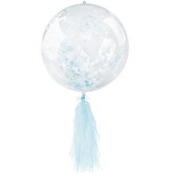 Transparent balloon with blue confetti and fringes, 45 cm