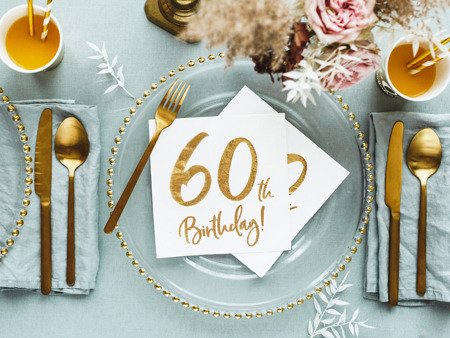 '60th Birthday' napkins for 60th birthday, white, 33x33cm (1 op. / 20 pcs)