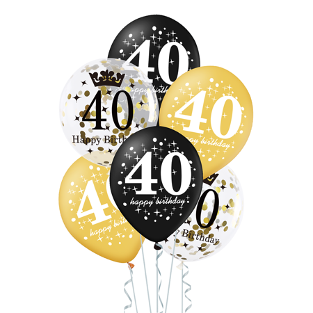 A set of balloons for 40th birthday, black and gold, 30cm, 6 pcs.