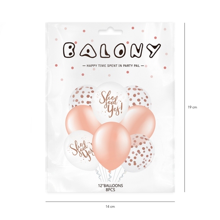 Balloons for a bachelorette party, She said yes, rose gold with confetti 30 cm, 8 pcs