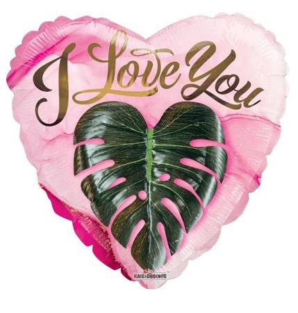 Eco balloon foil heart, I love you, monstera 46 cm