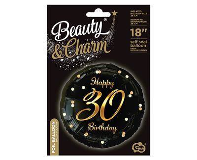 Foil balloon Happy 30 Birthday, black golden print, 46 cm