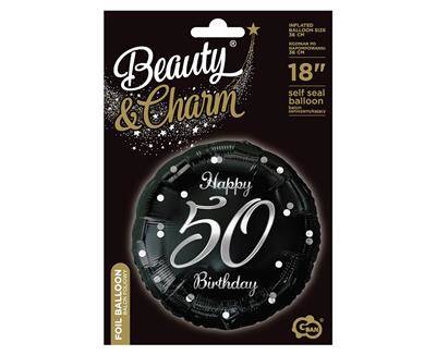 Foil balloon Happy 50 Birthday, black silver print, 46 cm