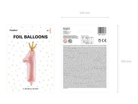 Foil balloon digit 1 with crown, bright pink, 90cm