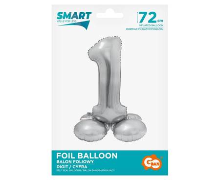 Foil balloon, standing digit 1, silver, 72cm