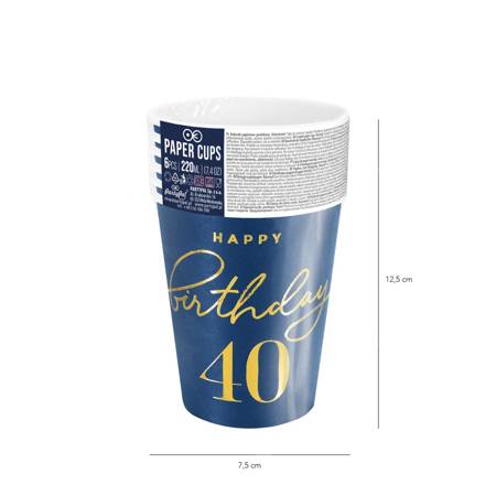 Happy Birthday cups 40, navy blue 220ml 6 pcs.