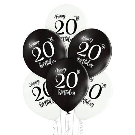 Latex Balloons 20 Birthday Black and white 30cm, 6pcs.