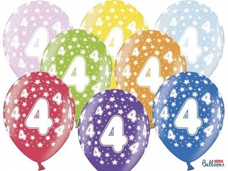 Latex balloons printed with '4' for birthdays, Metallic Mix, 30cm, 6 pcs.