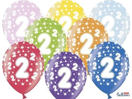 Latex balloons with an imprint '2' for birthday, Metallic Mix, 30 cm, 6 pcs.