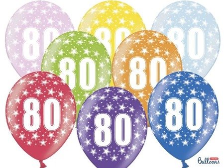 Latex balloons with number '80', 30cm metallic mix various colors (1 op. / 6 pcs.)