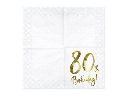 Napkins '80th Birthday' for 80th birthday, white, 33x33cm (1 op. / 20 pcs)