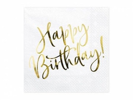 Napkins birthday with a gold inscription Happy Birthday, white, 33cm, 20 pcs.