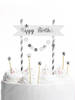 TOPPER for the cake "Happy Birthday" silver pompoms