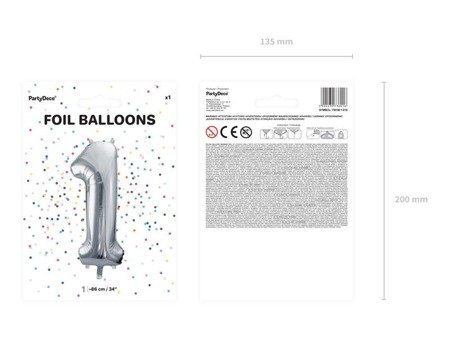 Folienballon Zahl 1, 86 cm, Silber