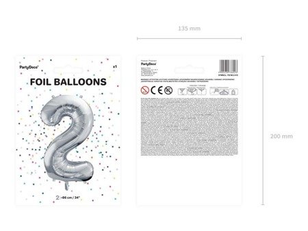 Folienballon Zahl 2, 86 cm, Silber