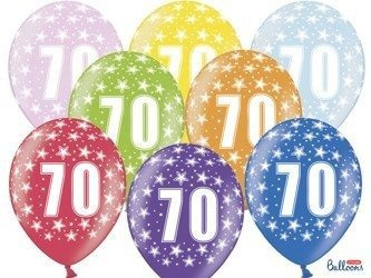 Latex balloons with number '70', 30cm metallic mix various colors (1 op. / 6 pcs.)