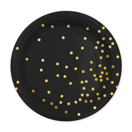 Black paper plates with gold dots, 23 cm, 6 pieces