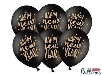 Strong Ballons 30cm, Happy New Year, PastellSchwarz (1 Pk. / 6-tlg)