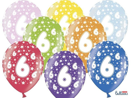 Latex balloons printed with '6' on your birthday, Metallic Mix, 30cm, 6 pcs.