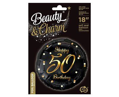 Foil balloon Happy 50 Birthday, black golden print, 46 cm