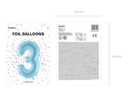 The number 3 Foil balloon, 86cm, light blue