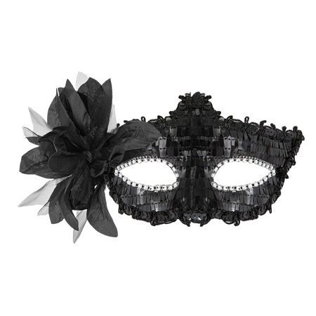 Carnival mask with sequins and flower black 16x10cm