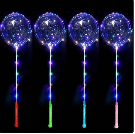 Transparent Bobo balloon with LED lights on a 50cm stick, 1 set.