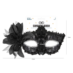 Carnival mask with sequins and flower black 16x10cm