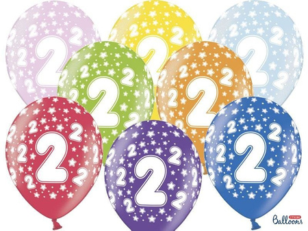 Latex balloons with an imprint '2' for birthday, Metallic Mix, 30 cm, 6 pcs.