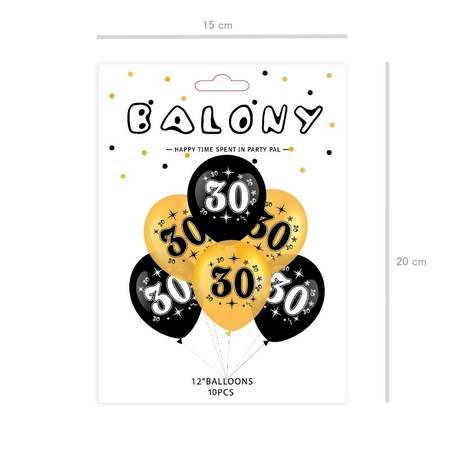 A set of balloons for 30th birthday, black and gold, 30 cm, 10pcs