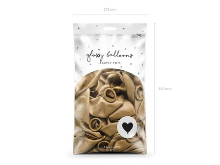 Glossy balloons 27cm, Hearts, golden chrome (1 box / 50 pcs.)
