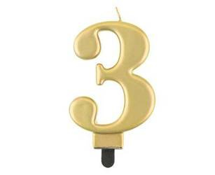 Kerze Nummer 3, Goldmetallic, 8 cm