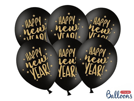 Strong Ballons 30cm, Happy New Year, PastellSchwarz (1 Pk. / 6-tlg)