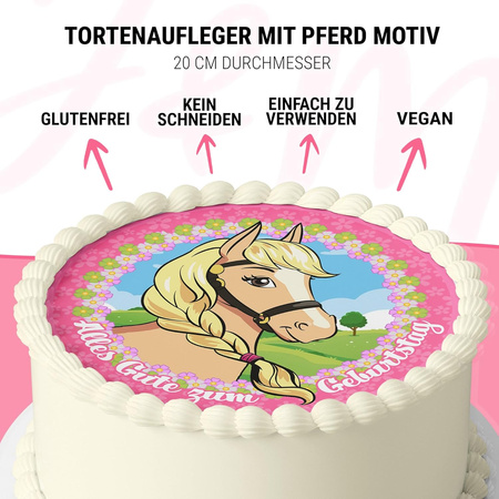 Pink Pony cake topper edible wafer round 20 cm premium, vegan, gluten-free, cut