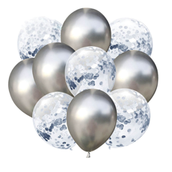 Silver chrome balloons set with confetti, 30cm, 10 pieces