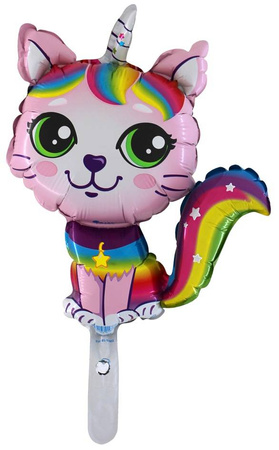 Foil balloon Kitten with a horn pink, on a stick 35 cm