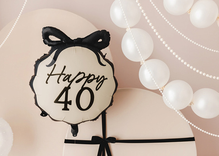 Runder Folienballon mit Schleife „Happy 40“ – Schwarz-Beige