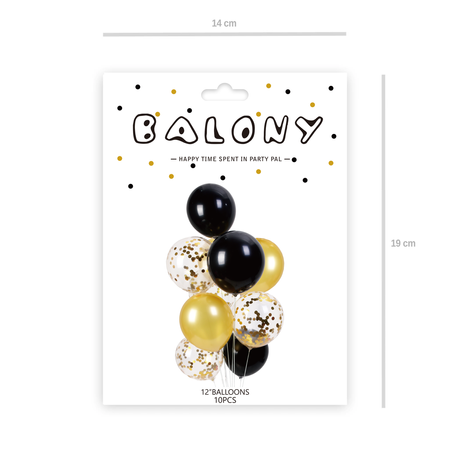 Goldballons Set Schwarz mit Confetti-Mix, 30cm, 10 Stk.