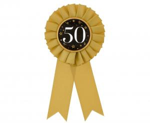 Rosette for 50th Birthday, Anniversary gold-black, 8 cm