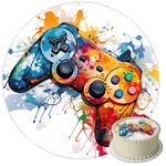 Colorful Gamer Pad cake topper edible wafer round 20 cm premium, vegan, gluten-free, cut