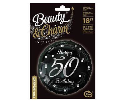 Foil balloon Happy 50 Birthday, black silver print, 46 cm