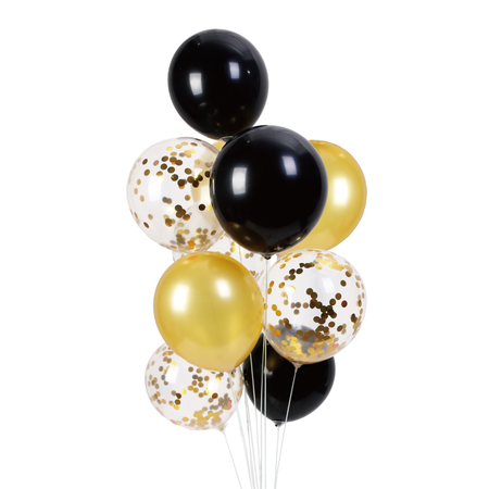 Goldballons Set Schwarz mit Confetti-Mix, 30cm, 10 Stk.