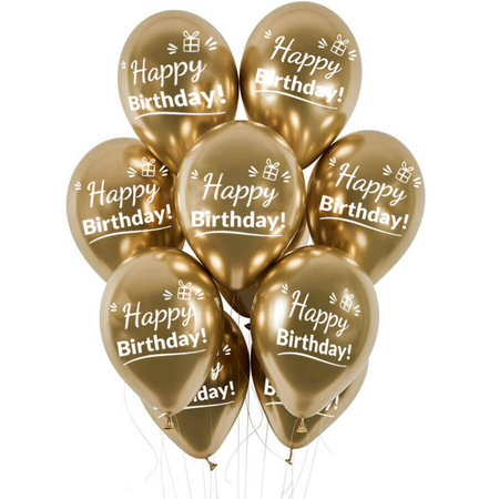 Latex balloons Chrome Happy Birthday, golden, 30 cm, 10 pcs.