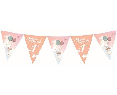 Birthday banner for one year with bunny, pink, 11 flag, 326 cm