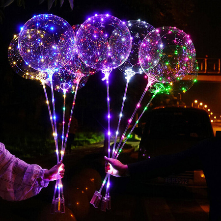 Transparent Bobo balloon with LED lights on a 50cm stick, 1 set.