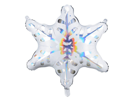 A snowflake-shaped foil balloon, dimensions 64 x 66 cm, with a holographic effect