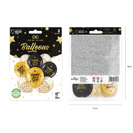 Biologisch abbaubare Happy New Year Ballons Schwarz-Gold – 8er-Set