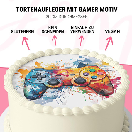 Colorful Gamer Pad cake topper edible wafer round 20 cm premium, vegan, gluten-free, cut