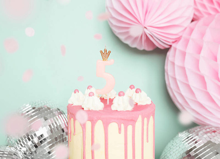 Birthday candle 5 with crown, bright pink
